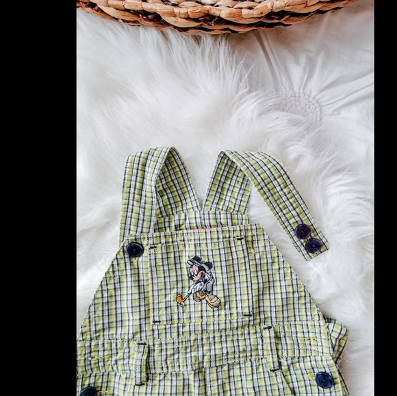 Vintage Plaid Disney Mickey Baby Overall Shorts Size 3 Months With Linen Shirt - Picture 6 of 8